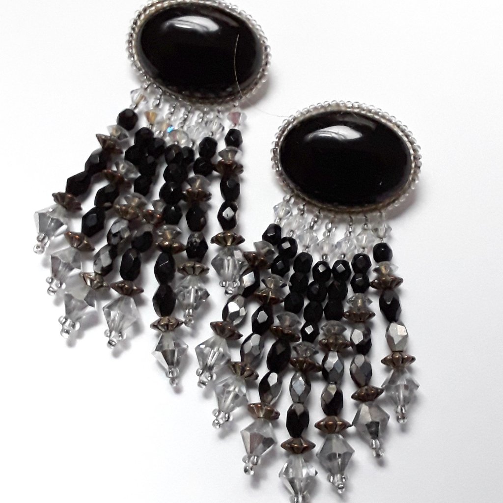 Vintage Chipita Jet Black And Austrian Crystal Beaded Dangle Earrings